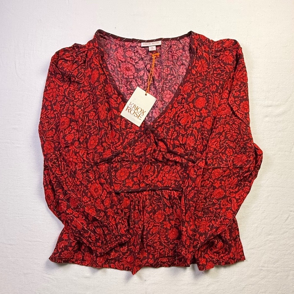 Knox Rose Red Floral V-Neck Peplum Top Smocked Back NWT Size M-2702